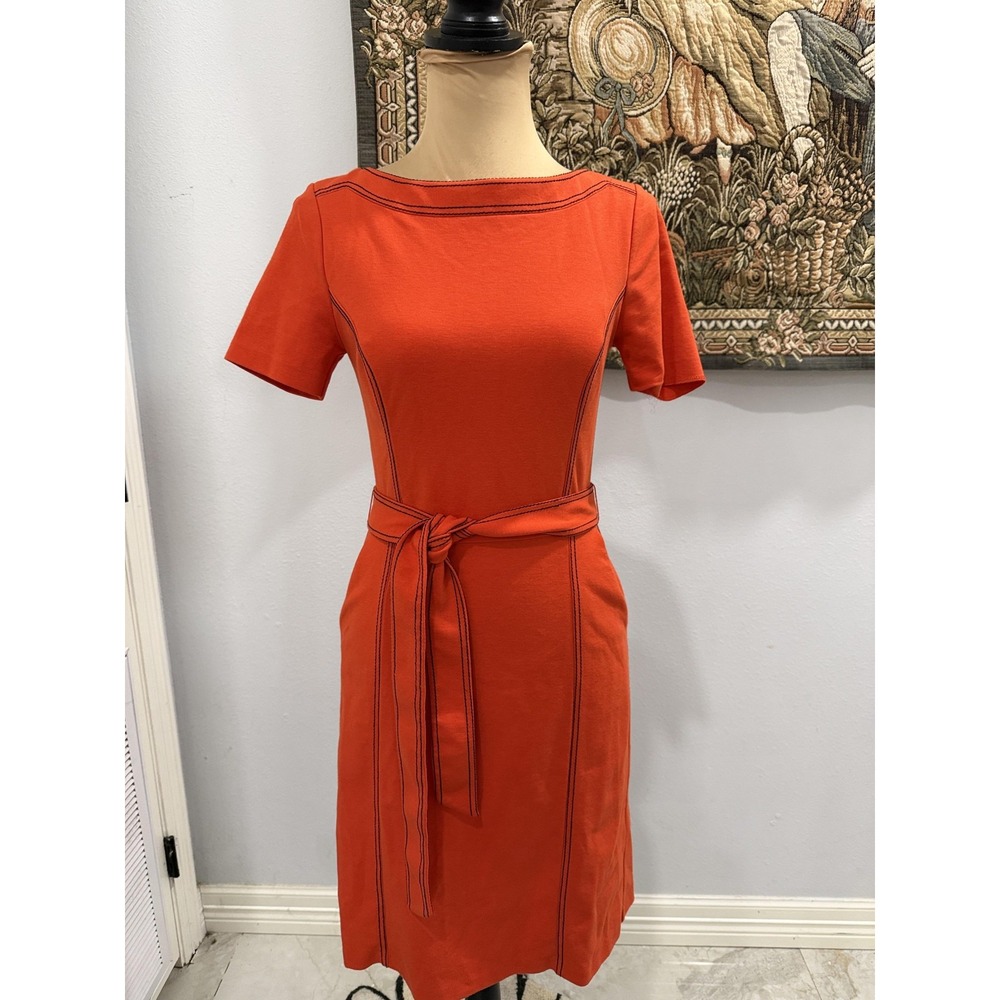 Boden Dress Womens 2R Orange Belted Ponte Sheath Short Sleeve‎ Work Office